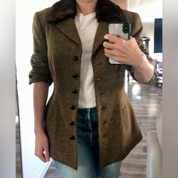 Vintage Wool Tweed Blazer Fur Collar Olive Green Wool Silk Dana Buchman 10 - Picture 1 of 7